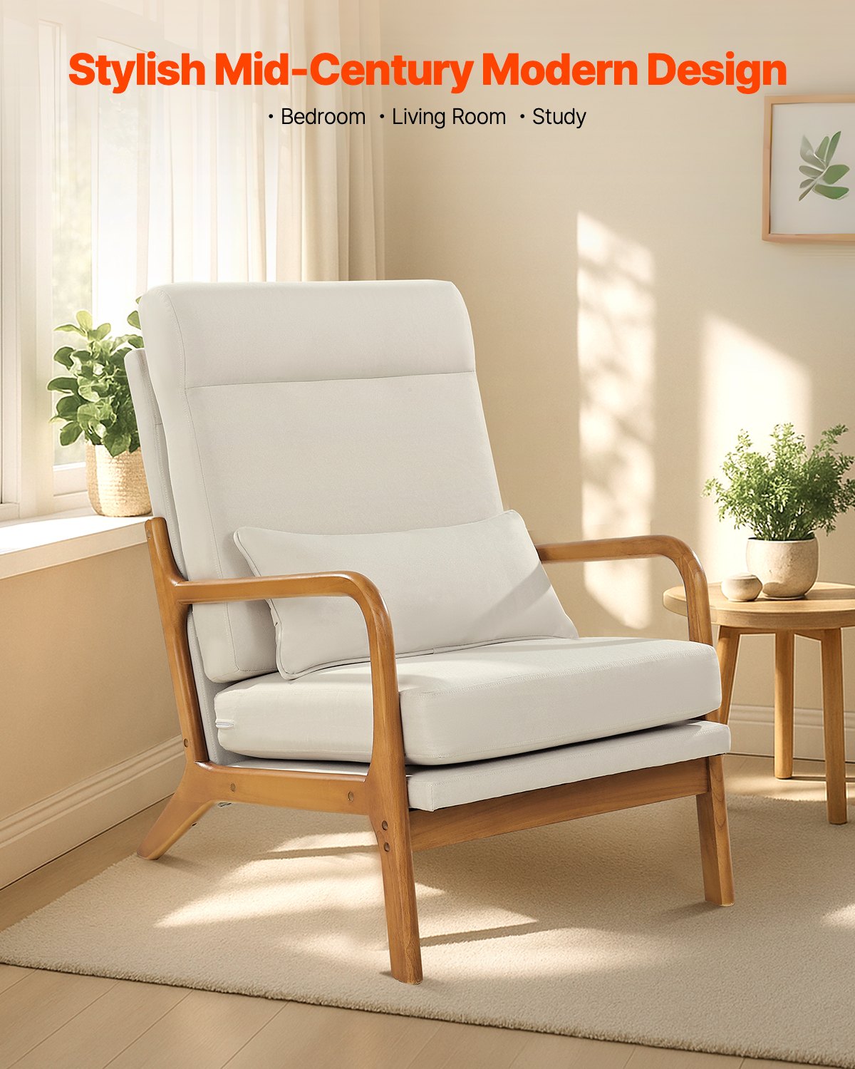 Moderner Akzentstuhl mit hoher Rückenlehne, Massivholzrahmen und Leinenbezug