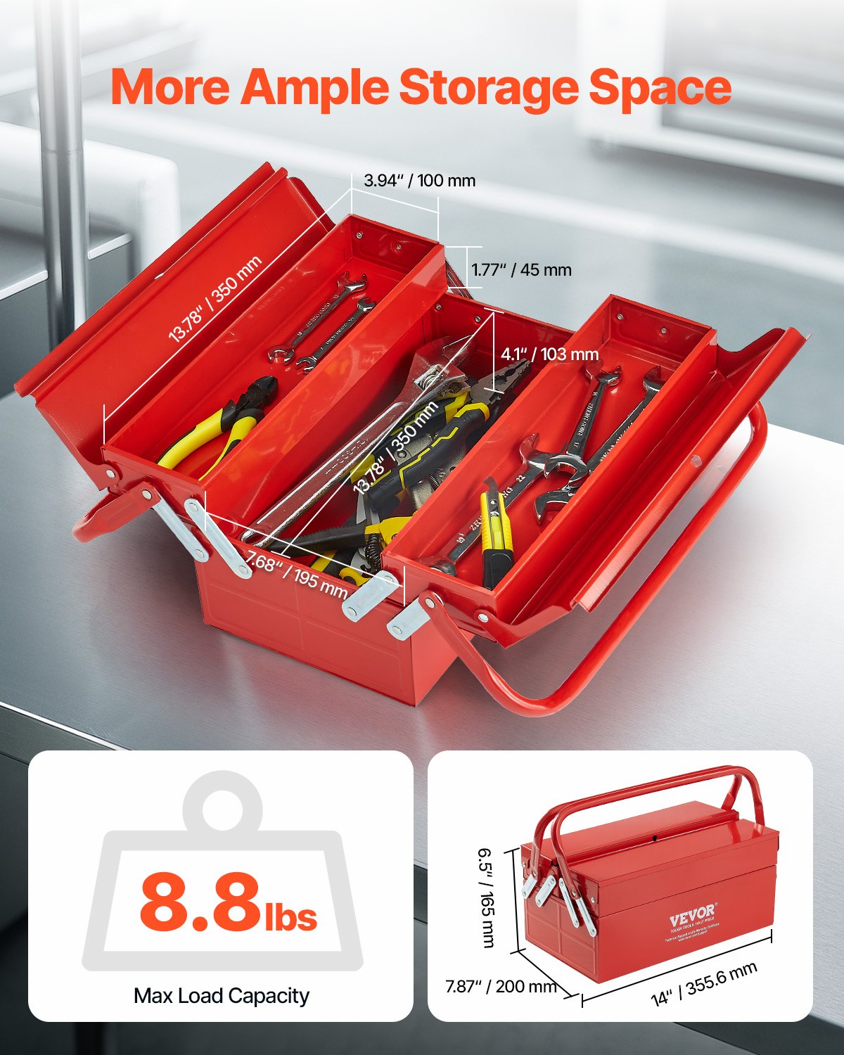 Werkzeugkasten aus Stahl, 2-stöckig & 3-fach – 355,6 × 200 × 165 mm, rot, mit Griff & Schlossloch