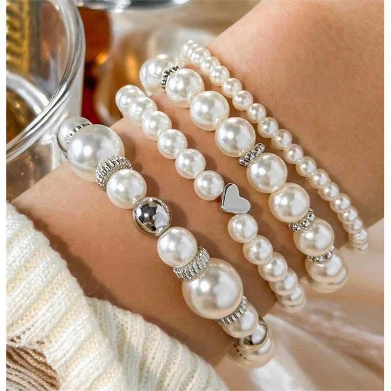 4pcs Set Simple White Faux Pearls Beads Beaded Heart Temperament Bracelet Set Elegant Handmade Hand String Jewelry Accessory
