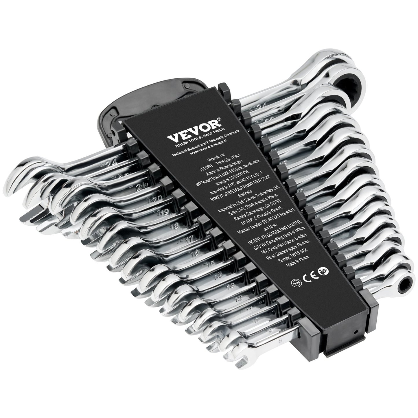 Ringmaulschlüsselsatz, 16-teilig – Ratschenschlüssel aus Cr-V-Stahl (8–24 mm) mit Organizer