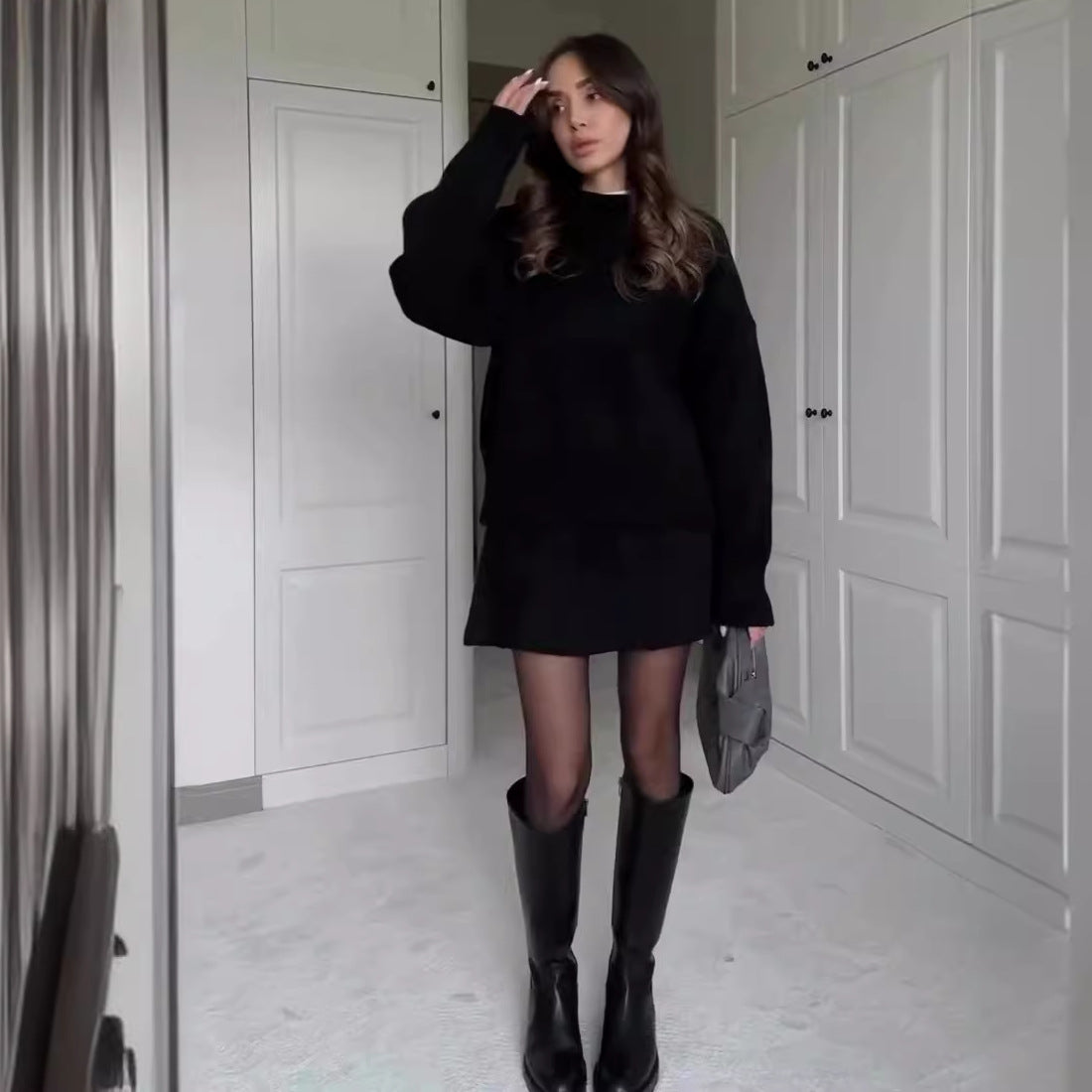 Damen-Strickset (2-teilig) mit langärmeligem Pullover und High-Waist-Minirock