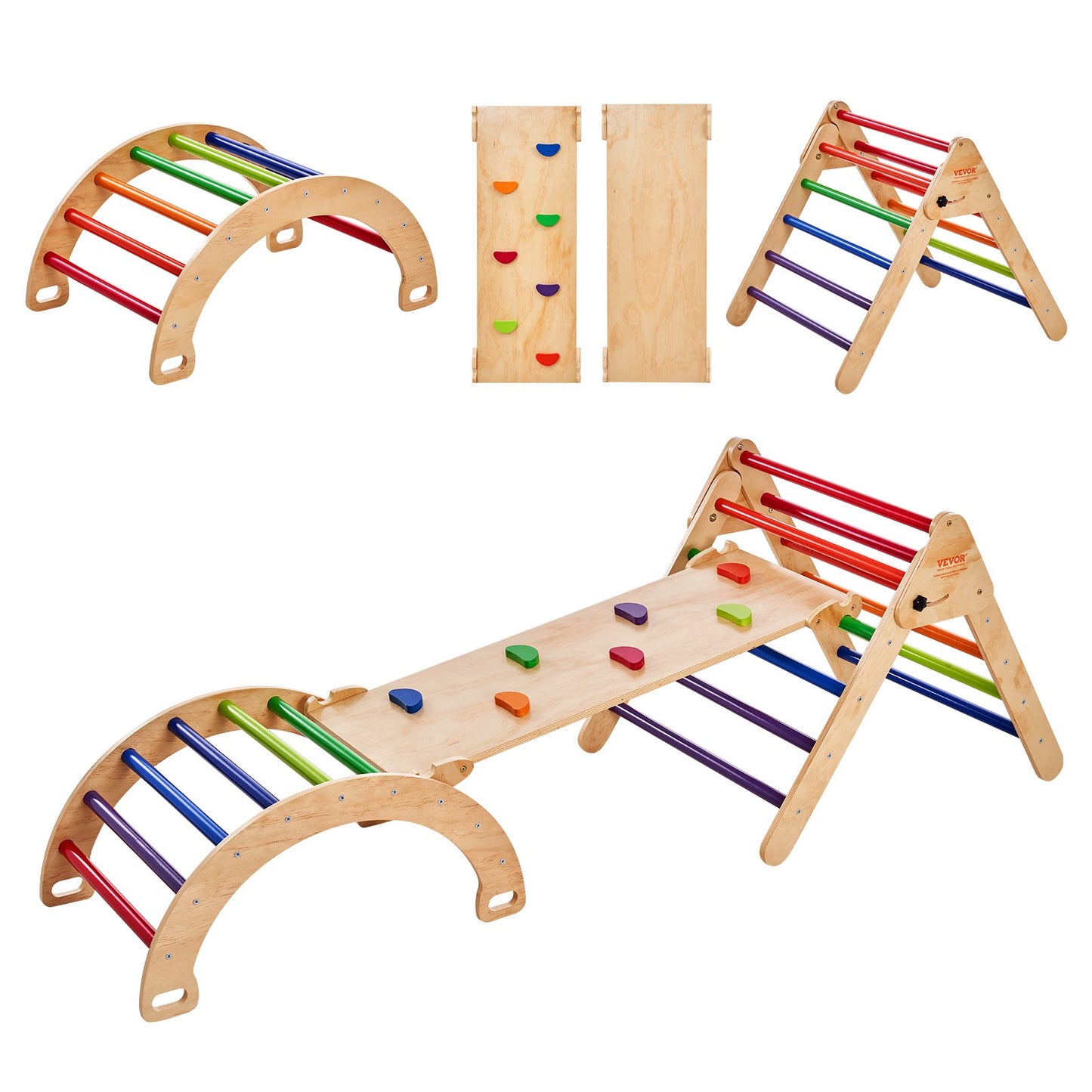 Pikler-Dreieck-Set, 5-in-1-Kletterspielzeug Für Kleinkinder, Indoor-Spielplatz, Montessori-Kletterset Mit Dreieck, Rampe Und Bogen, Großes Klettergerüst Aus Holz Für Kleinkinder Von 1–3 Jahren, Bunt